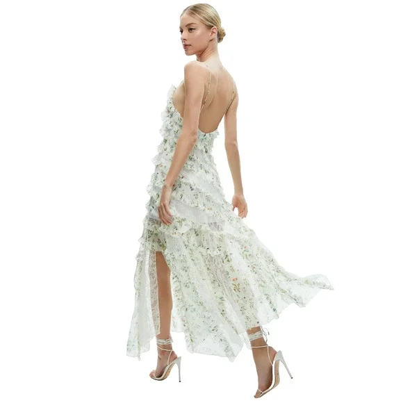 chinese dress ladies PRINTED RUFFLED LACE MAXI DRESS